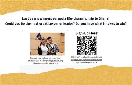 Pictures of last year's debate winners and QR code to sign up.